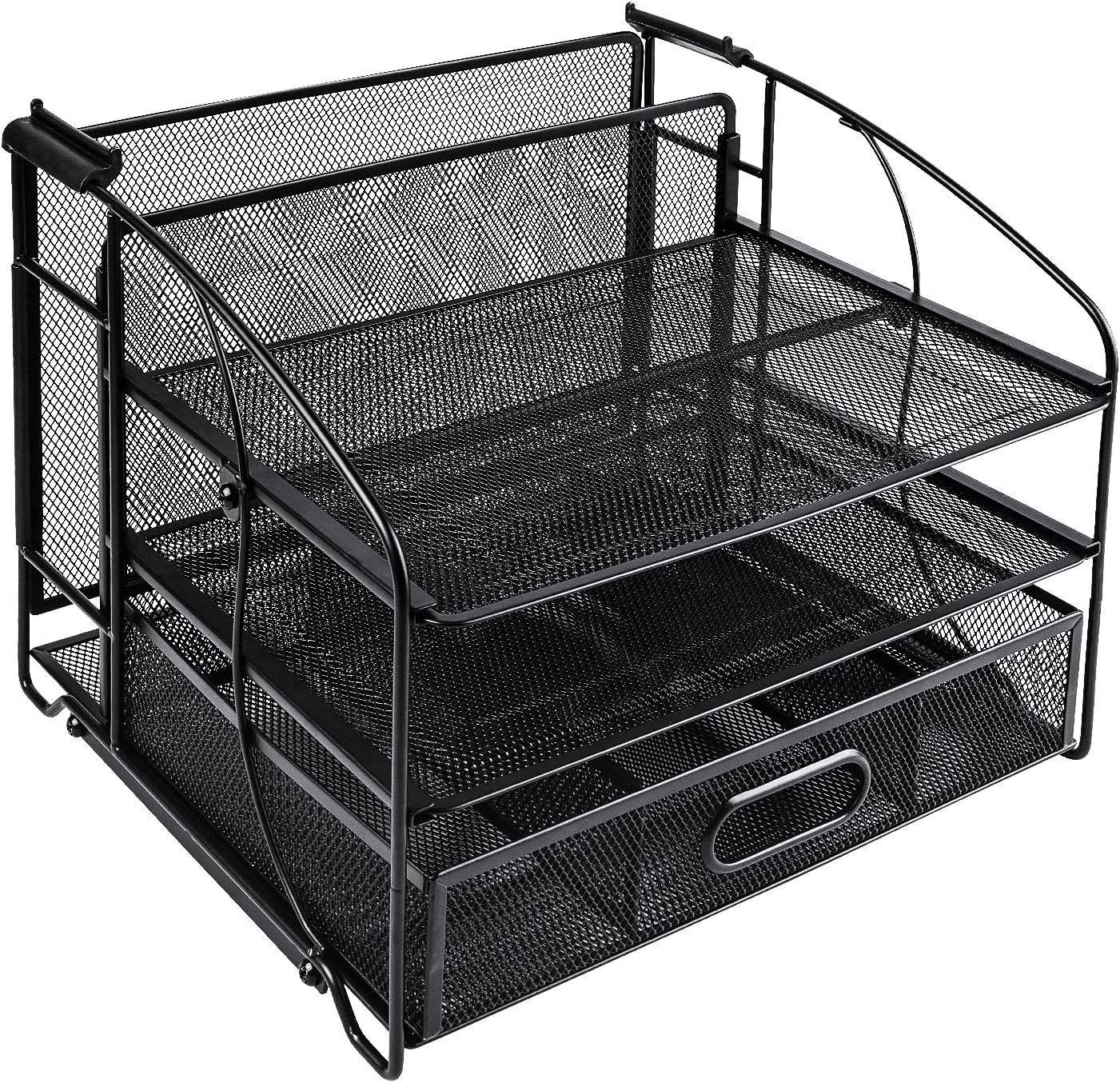Office Rectangular Mesh 3 Tray W/Sliding Drawer and Hanging File Holder Black Desk Organizer