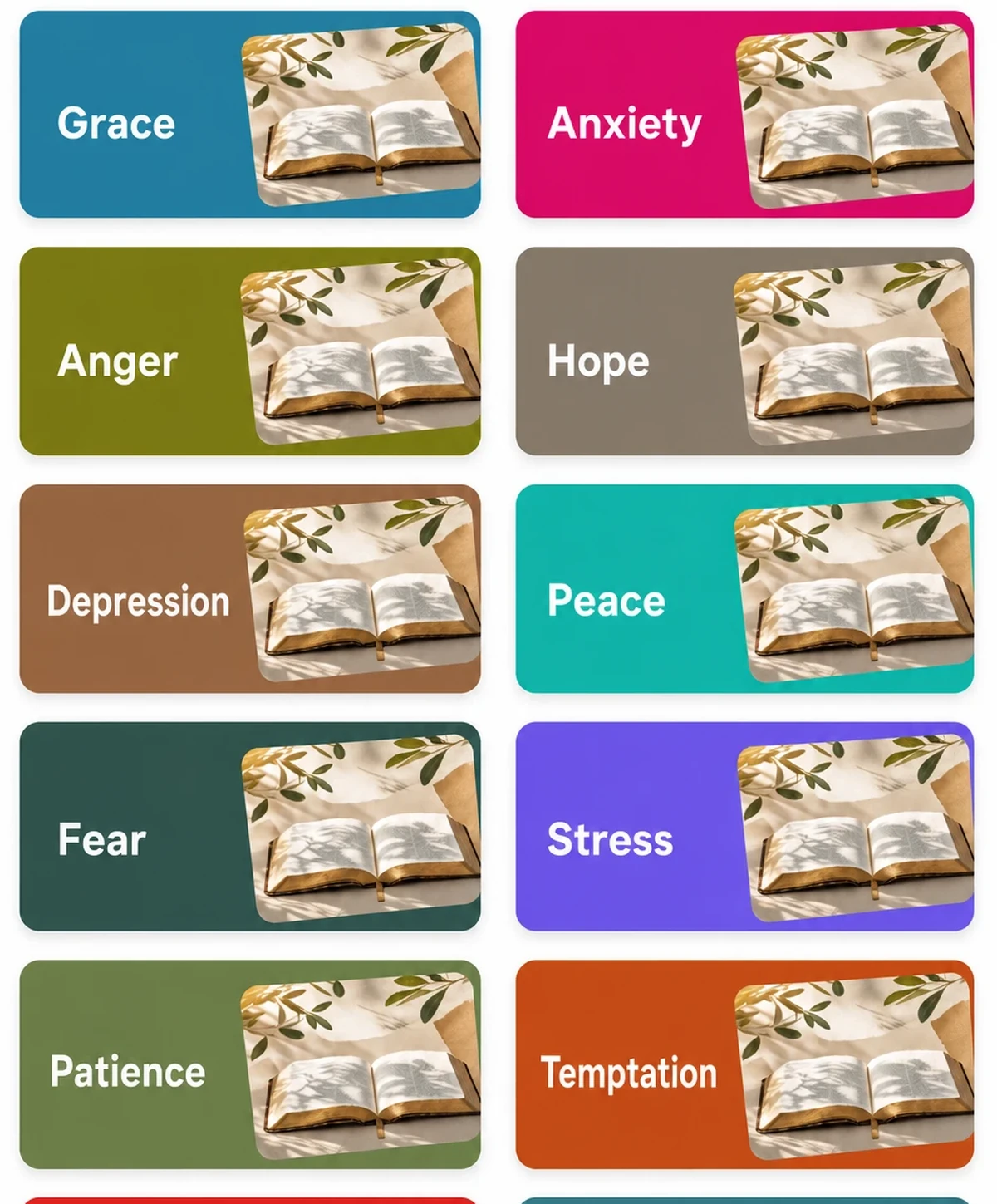Topic library cards from the Lumanna Bible app