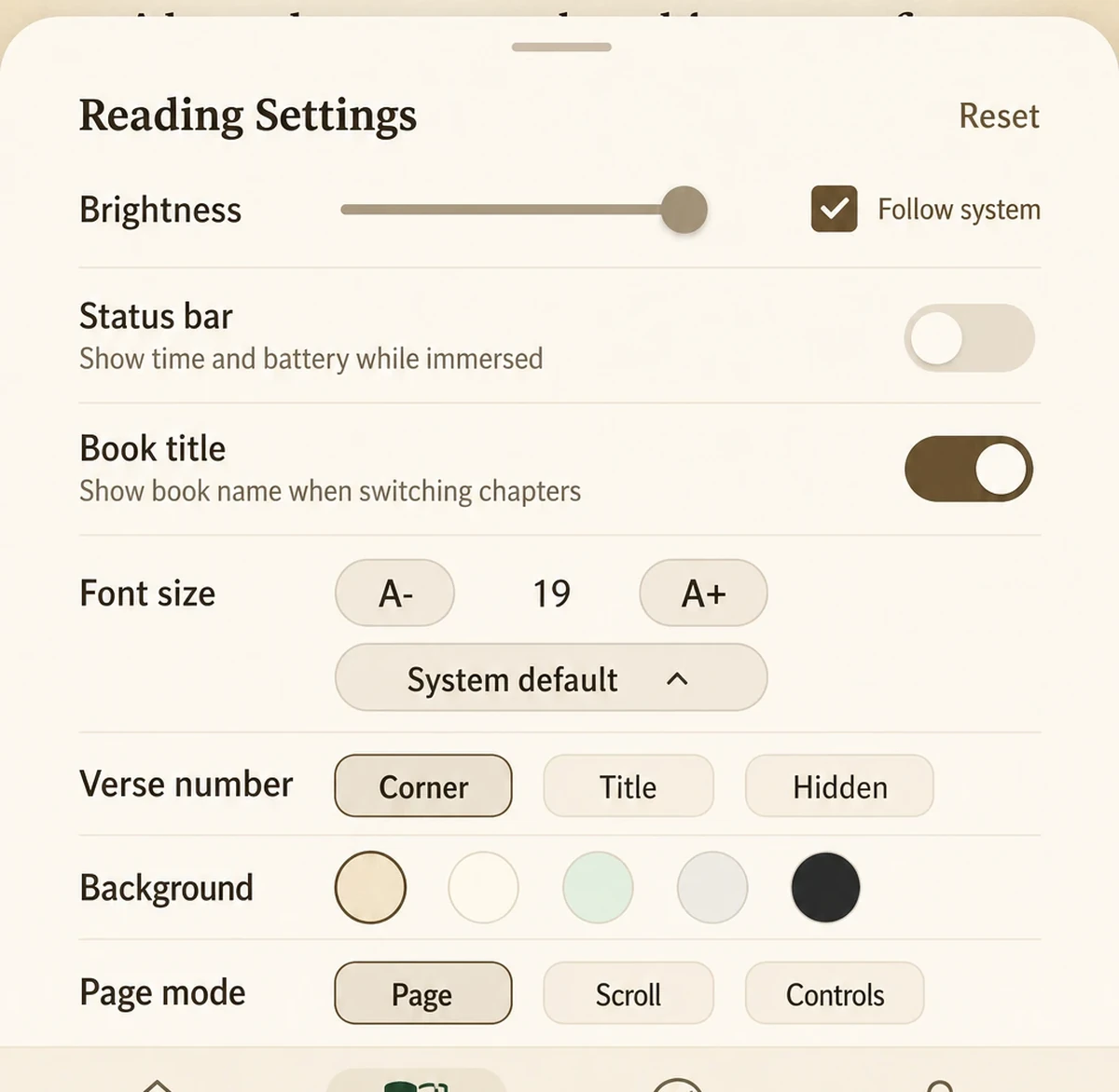 Reader settings panel from the Lumanna Bible app